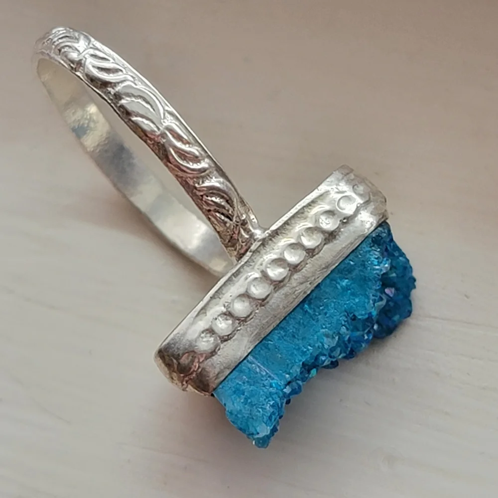 Blue Druzy Crystal Ring Silver Tone Size 11 Handmade 925 ? Signed